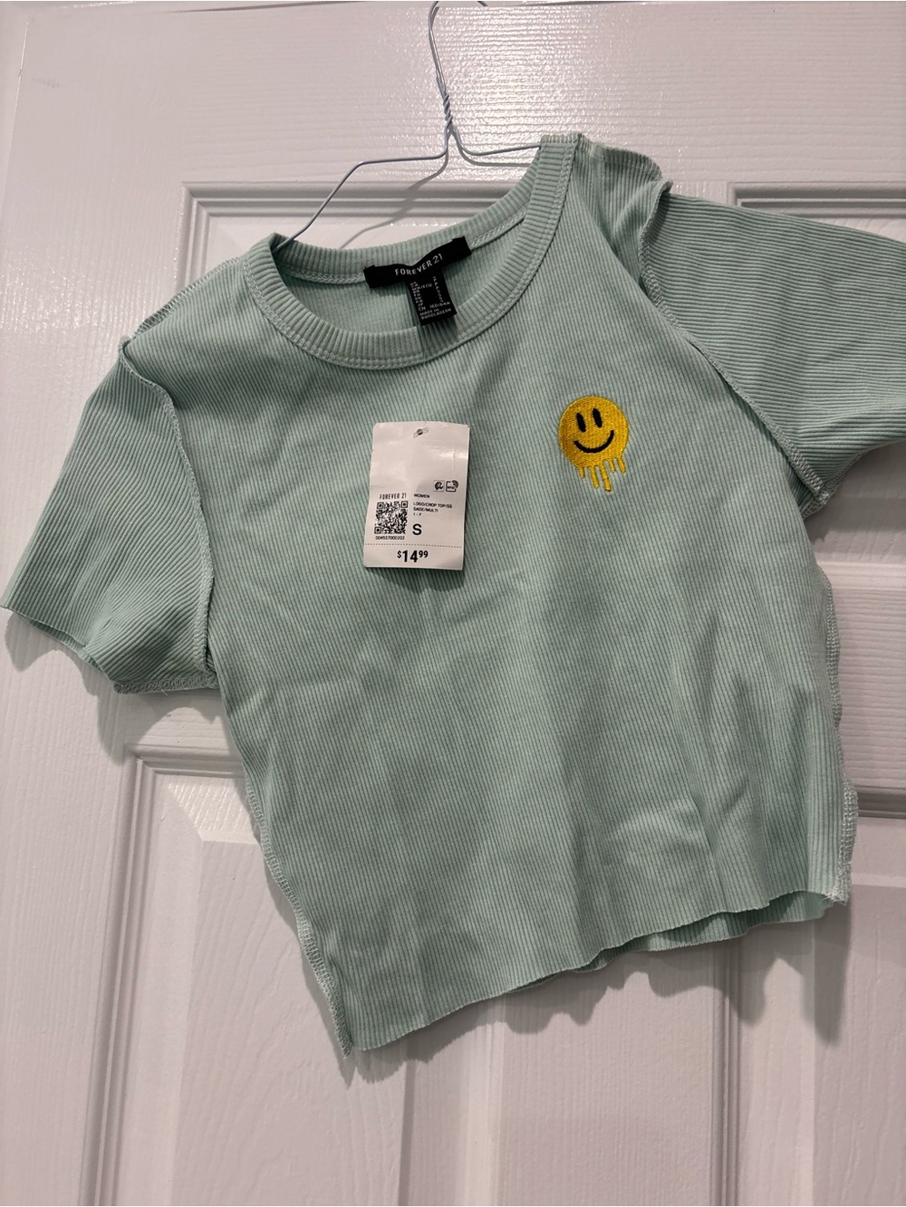 Forever 21 Sage Ribbed Crop Top with Yellow Smiley Patch